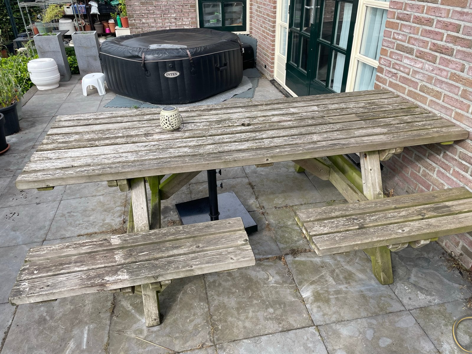 Zeer zware hardhouten picknicktafel voor 8 personen, Tuin en Terras, Picknicktafels, Ophalen, Gebruikt, Rechthoekig, Hout