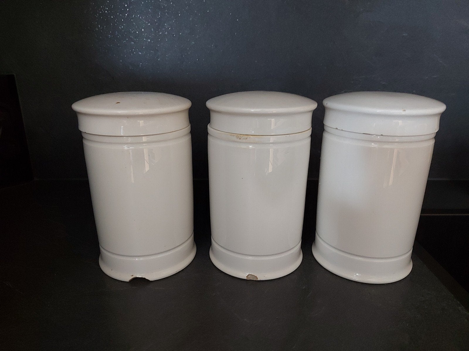 Set van 3 vintage witte voorraadpotten met deksel, Ophalen