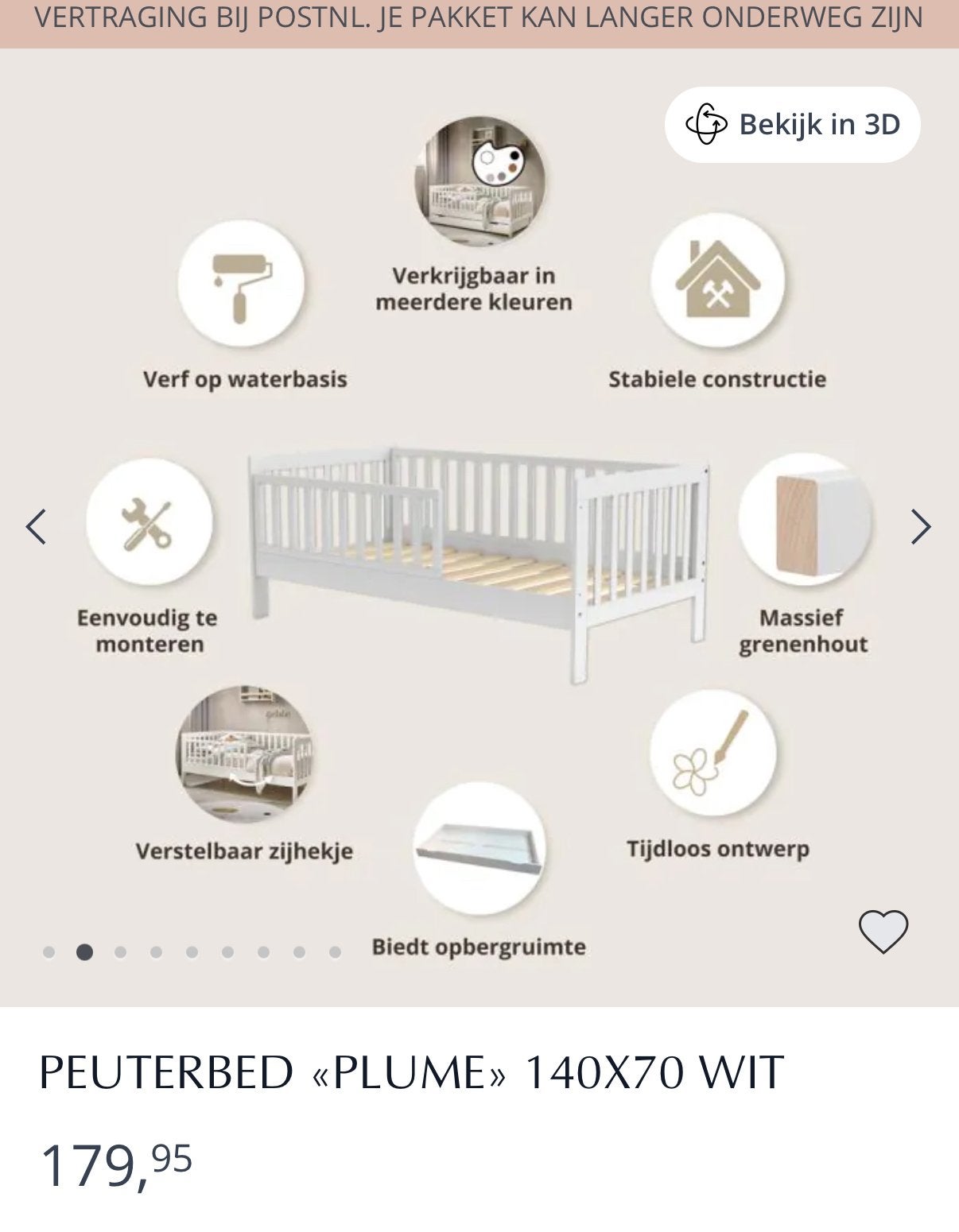 Peuterbed "PLUME" 140x70 Wit - Massief grenenhout, Ophalen of Verzenden, Nieuw, 140 tot 160 cm, 70 tot 85 cm