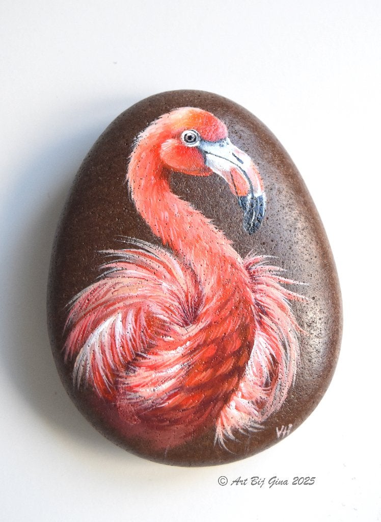 Mooie roze Flamingo geschilderd op een riviersteen, Ophalen of Verzenden