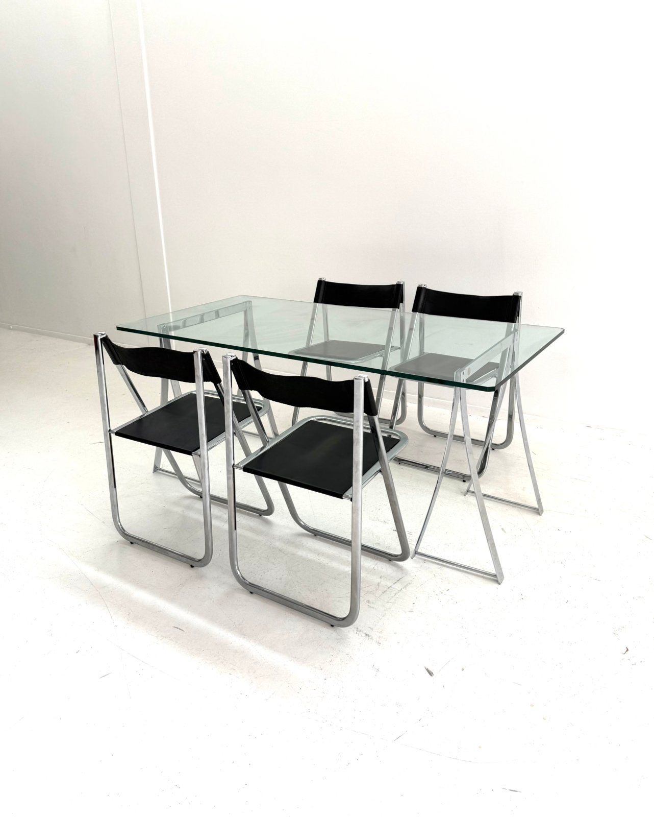 Vintage chroom & glazen eettafel, Peter Ghyczy ‘80, Peter Ghyczy, Glas, 150 tot 200 cm, Rechthoekig