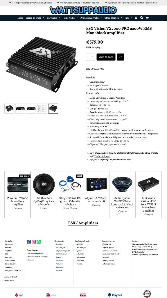 ESX Vision VX2000 PRO 2200W RMS Monoblok versterker, Audio Design, Nieuw, Am Breilingsweg 3, 76709 Kronau, Duitsland, Ophalen of Verzenden