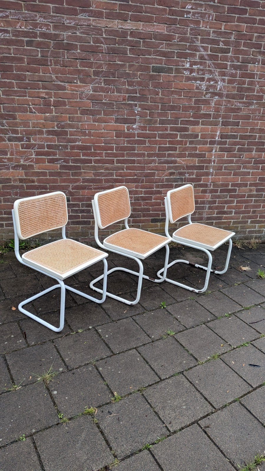 Vintage Marcel Breuer Cesca webbing slede stoelen, setprijs, Huis en Inrichting, Stoelen, Ophalen, Bruin, Drie