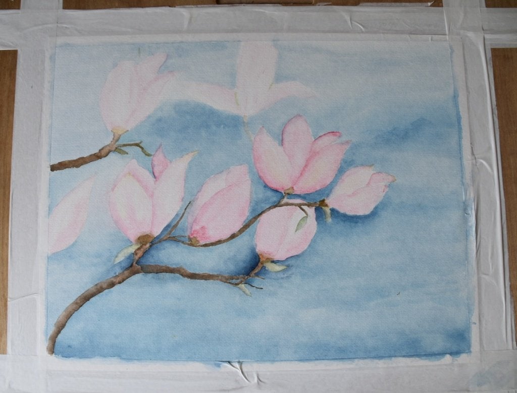 Handgemaakt aquarel: Roze bloesem op blauwe achtergrond, Realistisch, Aquarel, Origineel werk, Papier