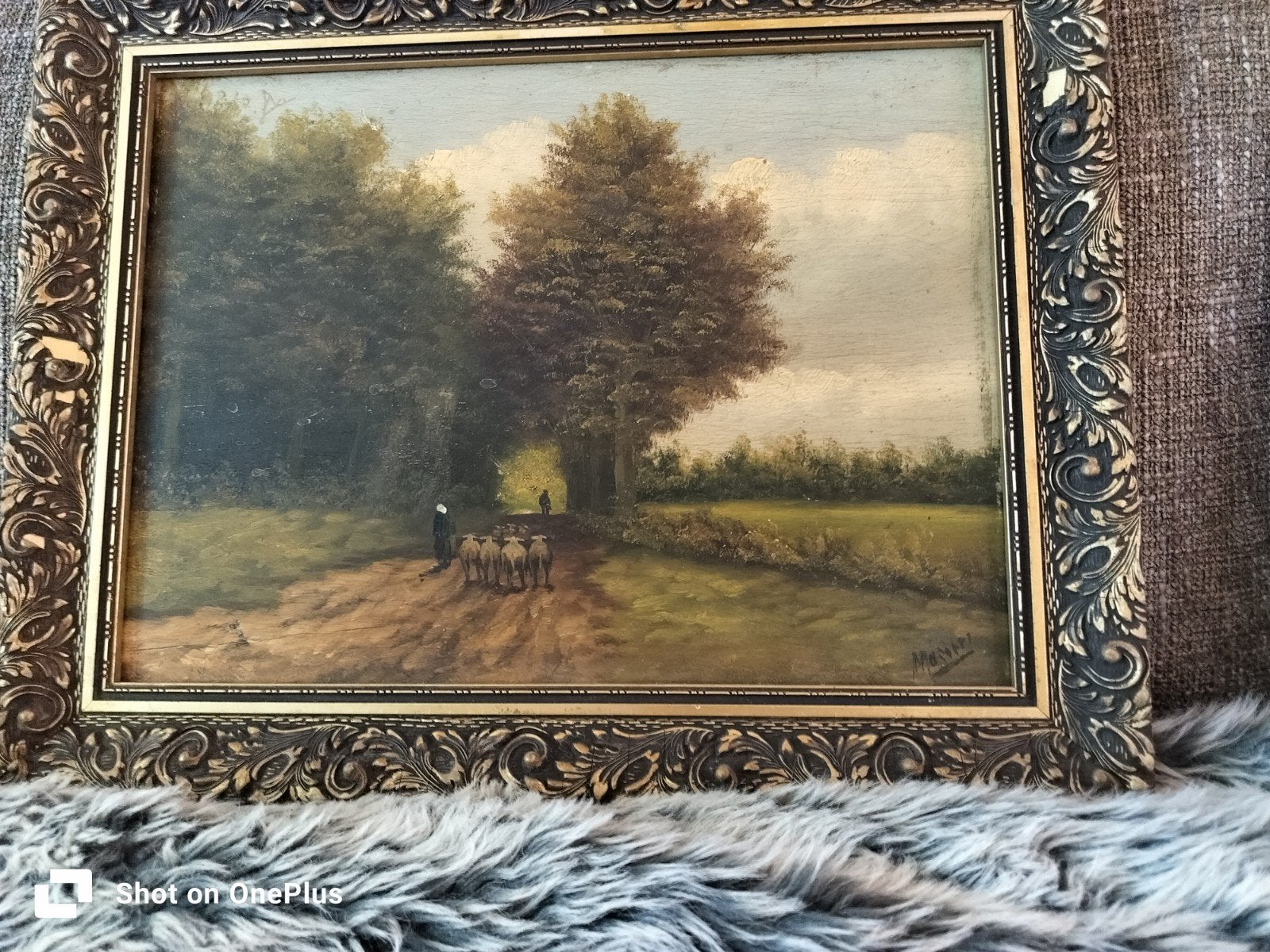 Antiek Schilderij: Herder met schapen in bosrijk landschap, Ophalen of Verzenden