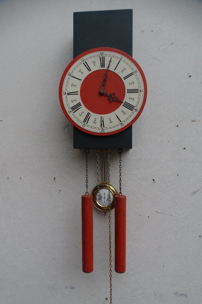 Groen/oranje wandklok, vintage, Ophalen, Met gewichten, Analoog, Retro