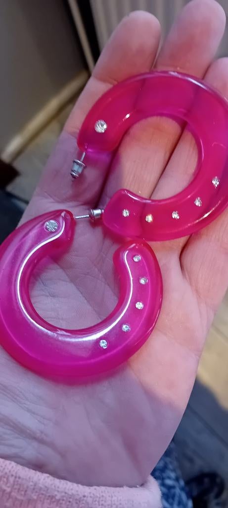 Grote roze oorbellen met strass, Sieraden, Tassen en Uiterlijk, Oorbellen, Overige materialen, Nieuw, Ophalen of Verzenden, Roze