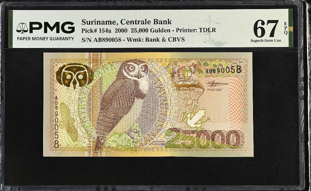 UNC biljet 25000 gulden Suriname, 2000 | PMG 67 EPQ, Ophalen of Verzenden