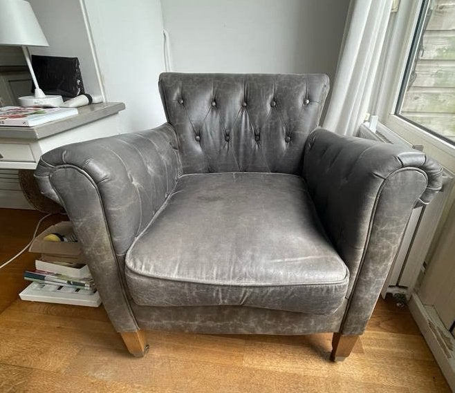 Riviera maison fauteuil grijs/groen, Huis en Inrichting, Fauteuils, Ophalen, Gebruikt, Minder dan 75 cm, 50 tot 75 cm