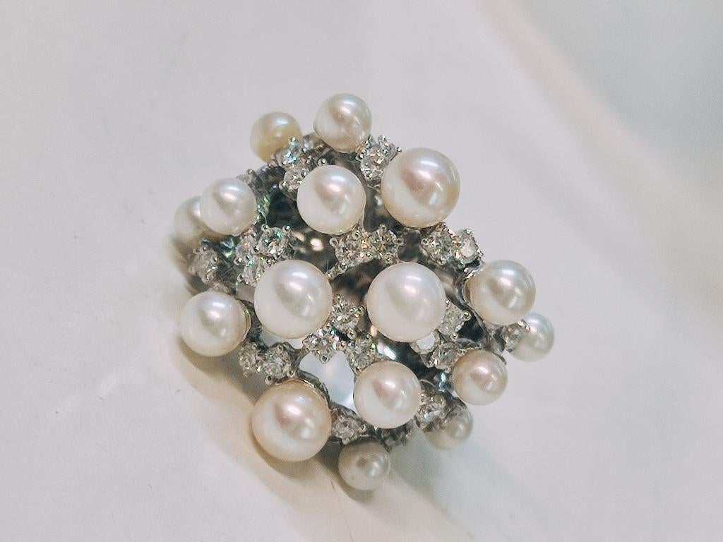 Massieve ring met Akoya parels en diamanten, Met edelsteen, Ophalen of Verzenden, Dame, Zilver