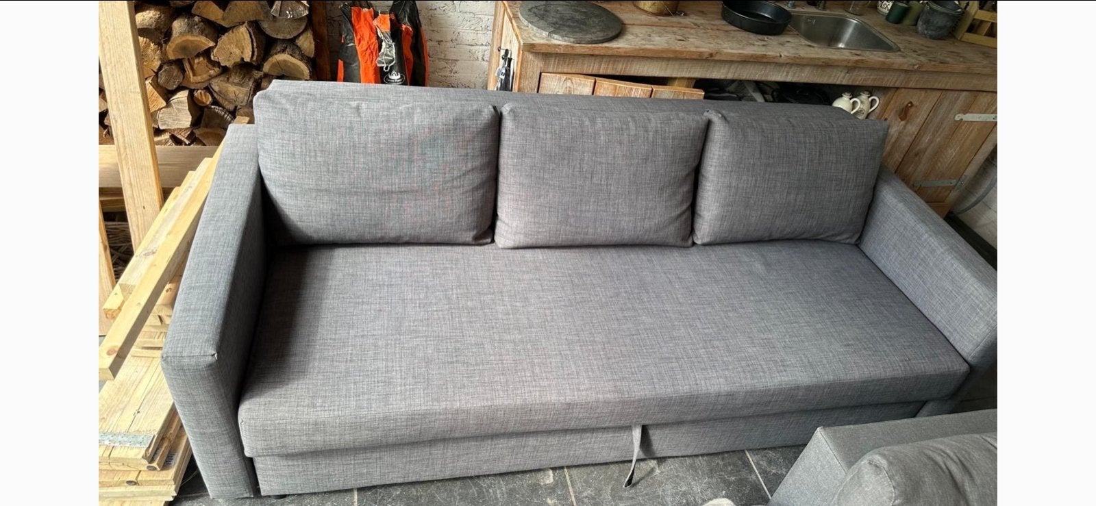 IKEA FRIHETEN 3-zits slaapbank grijs met opbergruimte, Ophalen, Gebruikt, 100 tot 125 cm, Driepersoons