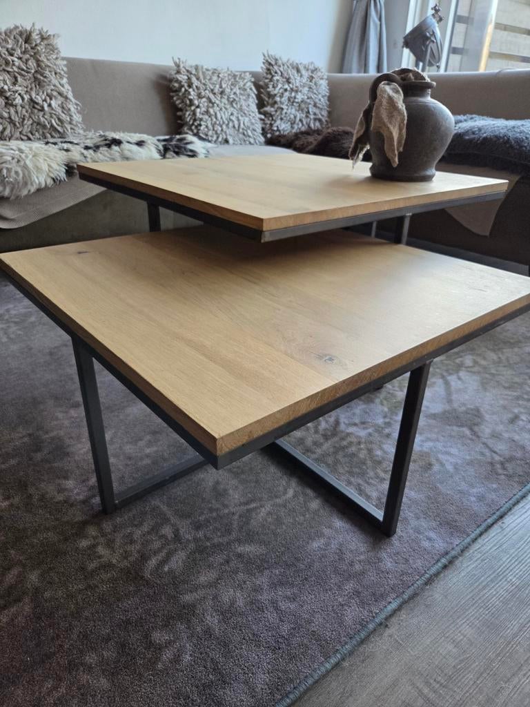 Set van 2 industriële salontafels, eikenhout en staal, 50 tot 100 cm, Vierkant, Zo goed als nieuw, Industrieel