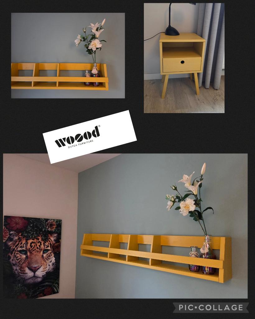 Woood nachtkastje en wandrek, Ophalen, Minder dan 45 cm, Zo goed als nieuw, Minder dan 55 cm