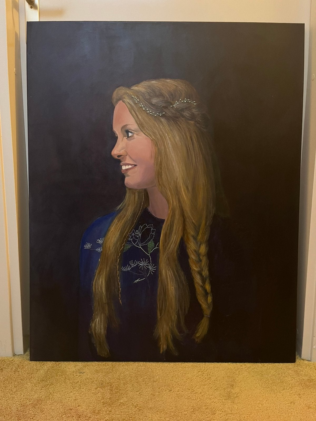 Lady in blue. 80x100 acryl en borduurwerk, Ophalen, Overige materialen, Op houten frame, Acrylverf