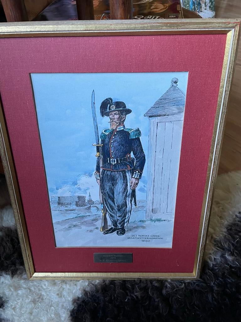 Ingelijste aquarel Noorse Koninklijke Garde 1973, Ophalen of Verzenden