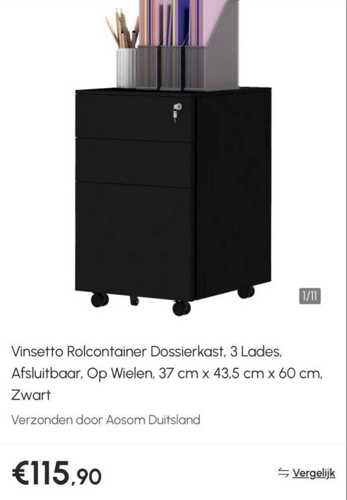 Vinsetto Rolcontainer Dossierkast 3 Lades Zwart NIEUW, Ophalen of Verzenden, A, A, A