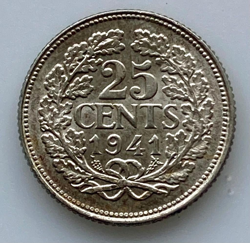 Zilveren 25 cent / Kwartje Nederland Wilhelmina 1941, Verzenden, Koningin Wilhelmina, 25 cent, Losse munt