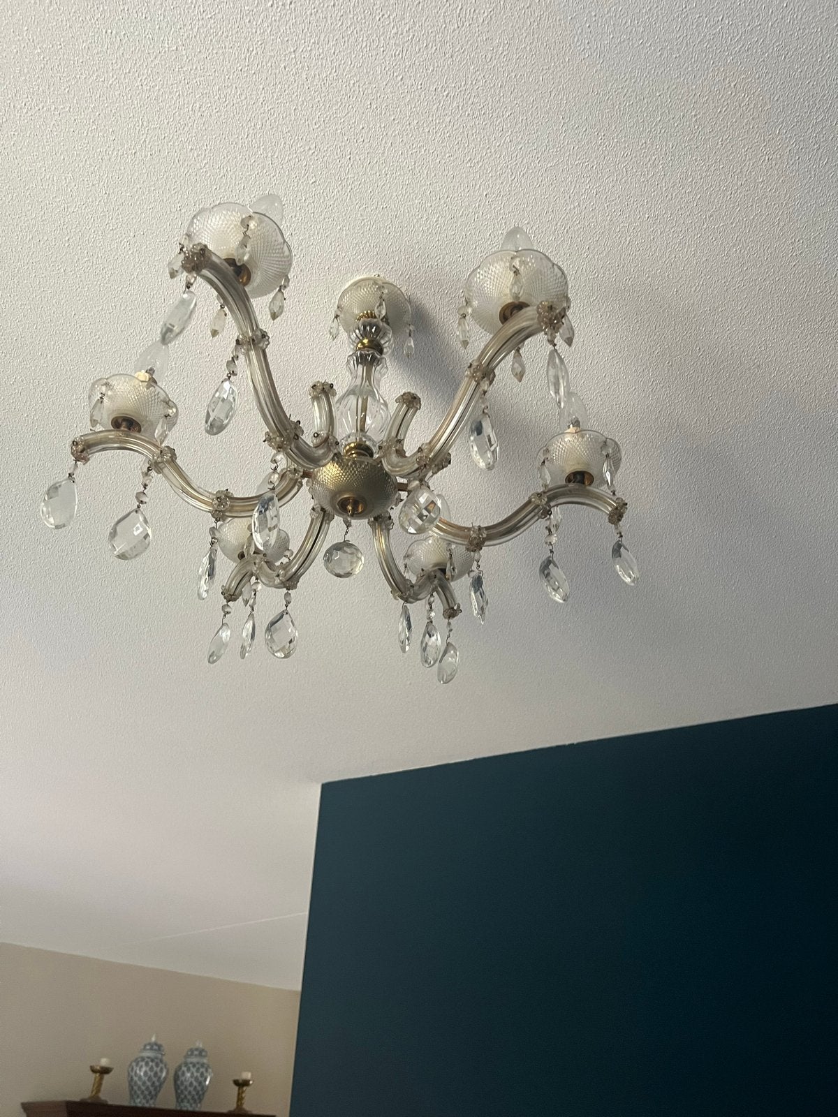 Elegante Kroonluchter met Kristallen Hangers, Ophalen, Gebruikt, Antiek kristal kroonluchter, E14 (klein)