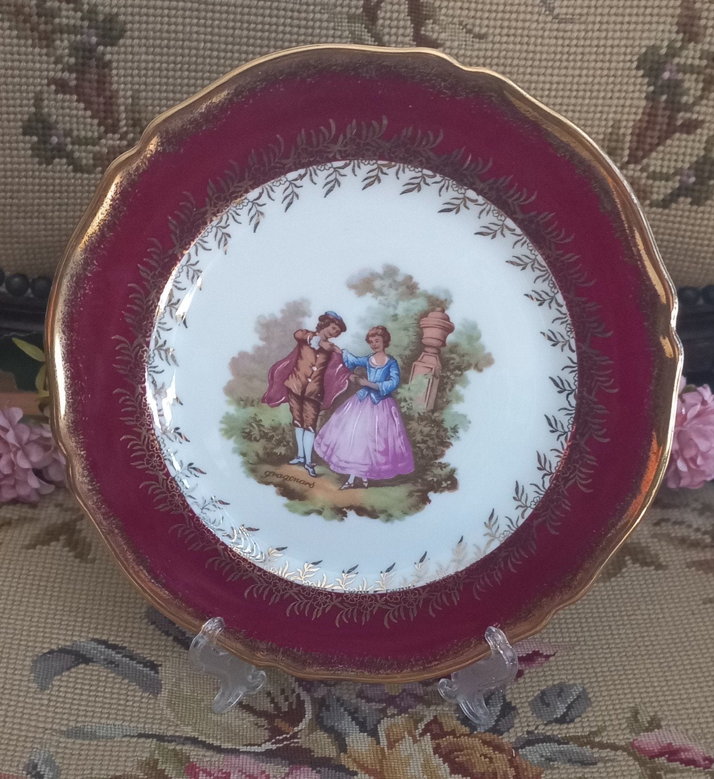Mooi sierbordje, rood/goud, barok afbeelding, limoges France, Antiek en Kunst, Ophalen of Verzenden