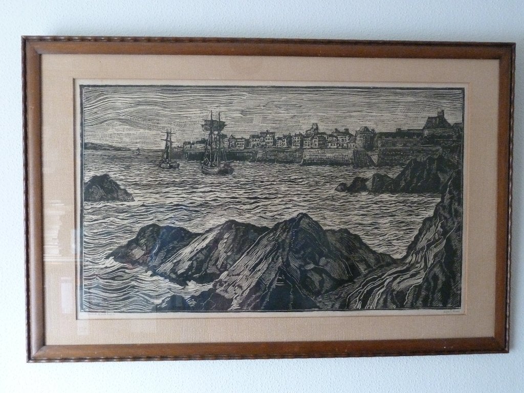 Houtsnede van G.J.Koekkoek (1871-1956)- Haven te St.Malo, Stadsgezicht, Ophalen of Verzenden, Houtsnede, 64 cm