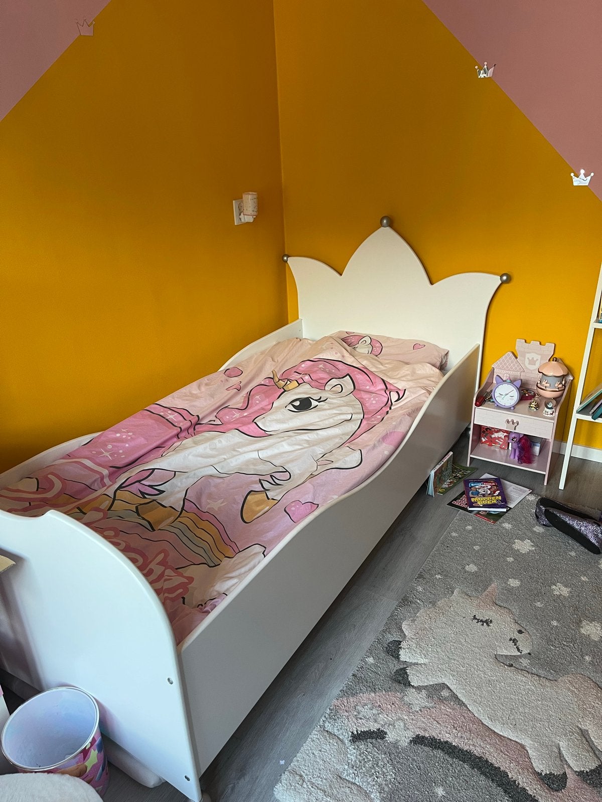 Prachtig prinsessenbed 90x200 wit met zilveren bolletjes, Ophalen, 90 cm, Eenpersoons, Wit