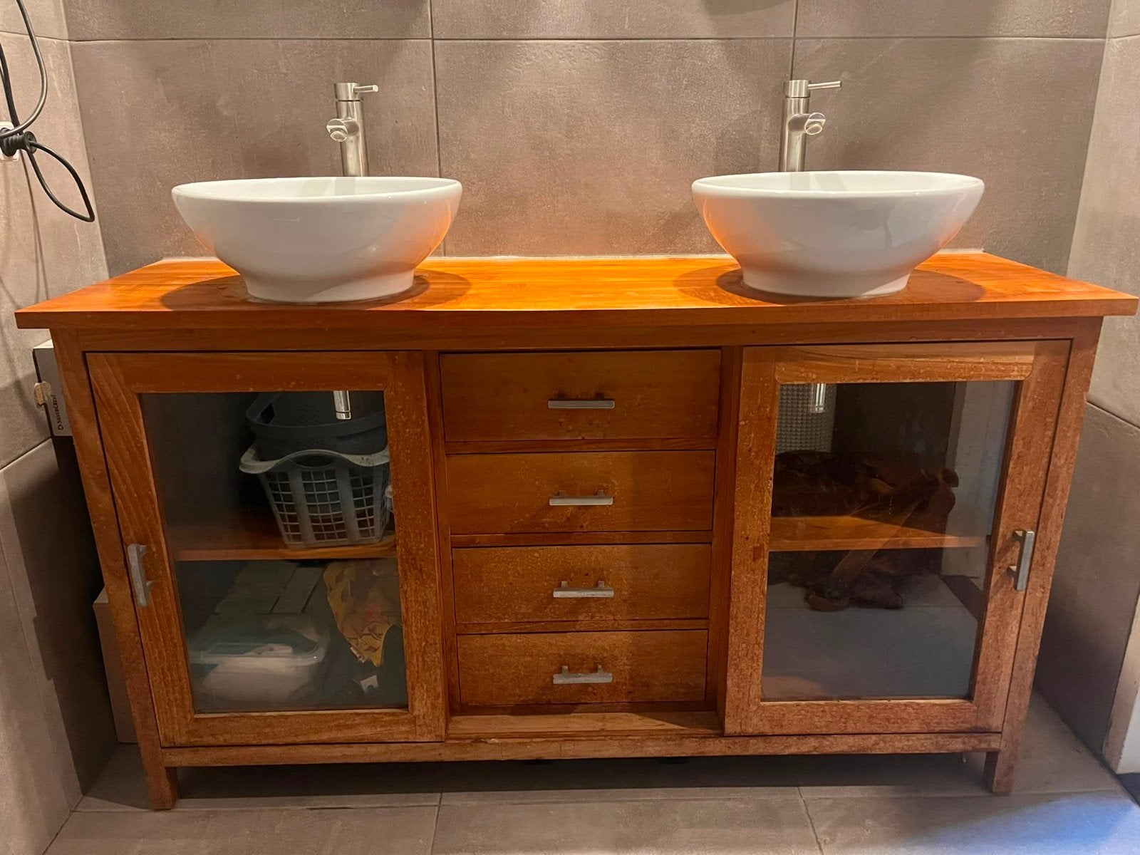Teak houten badkamermeubel met dubbele waskommen, Ophalen, Gebruikt, 150 tot 200 cm, Minder dan 100 cm