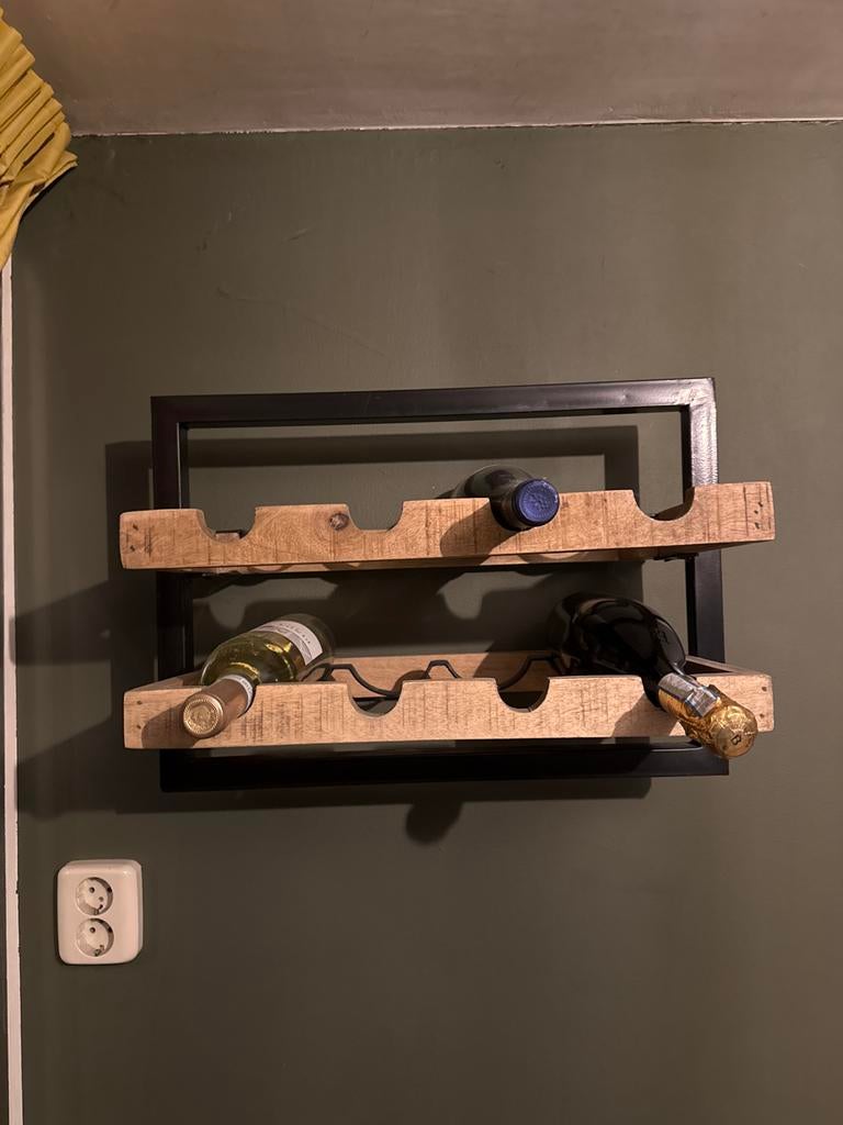 Wijnrek van hout en metaal, Huis en Inrichting, Woonaccessoires | Wijnrekken, Gebruikt, 5 tot 15 flessen, Ophalen of Verzenden
