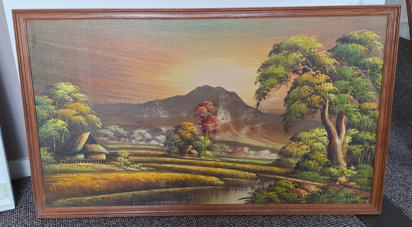Schilderij: Tropisch Landschap met Huisje en Bergen, Antiek en Kunst, Ophalen of Verzenden