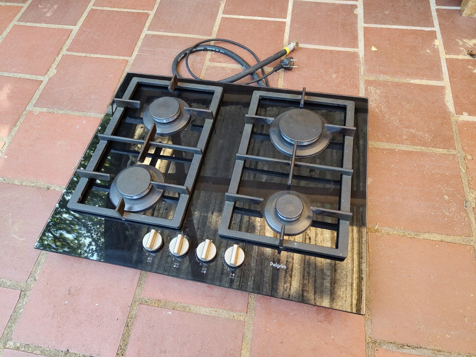 Pelgrim 4-pits inbouw gaskookplaat - Zwart glas, Witgoed en Apparatuur, Kookplaten, Ophalen, Gebruikt, 4 kookzones, Inbouw