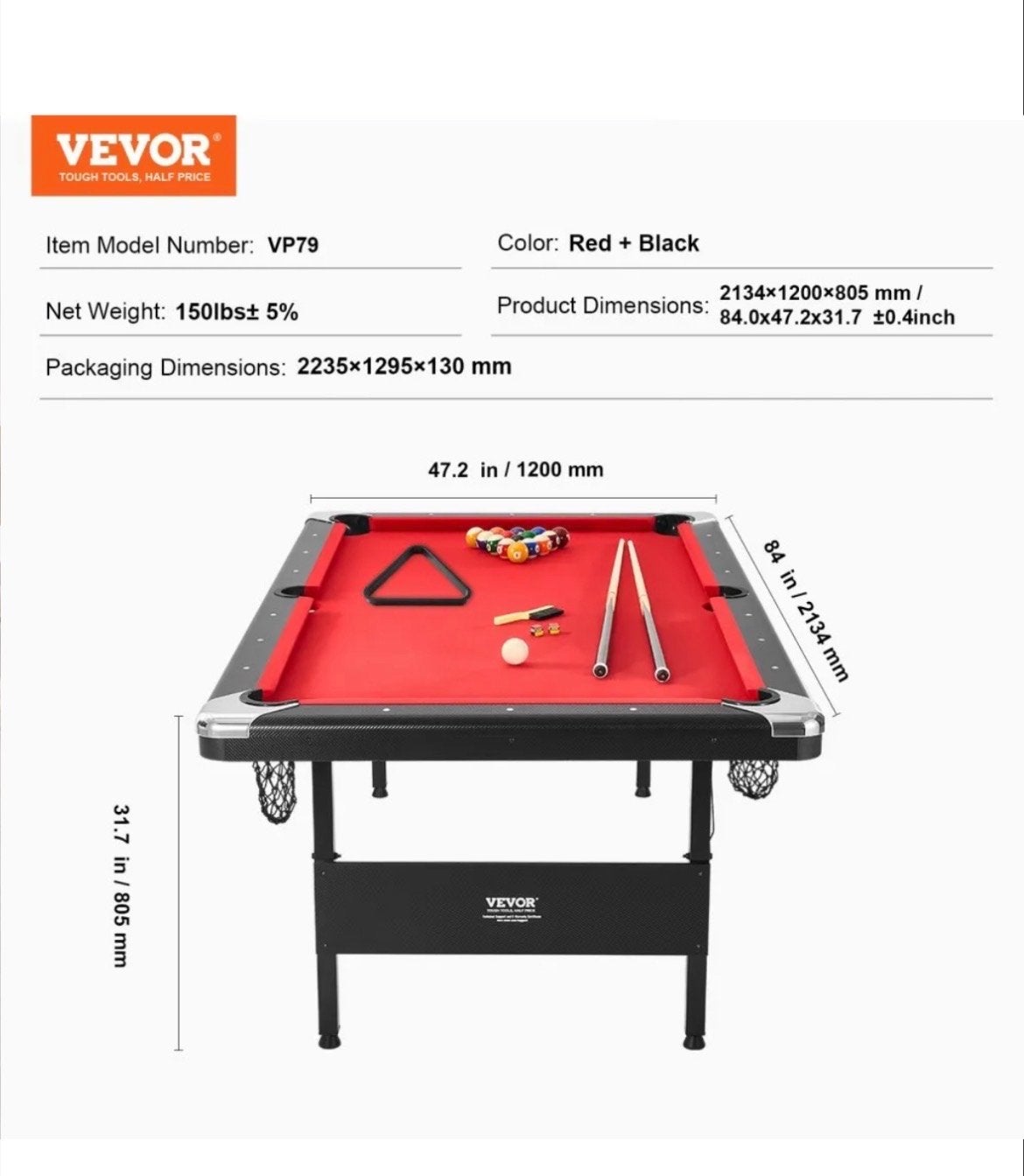 Vevor Pooltafel - Rood/Zwart - Inclusief Accessoires, Ophalen, Zo goed als nieuw, Pooltafel