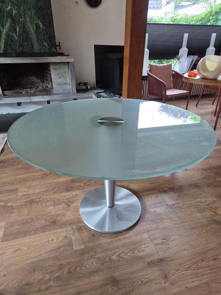 Moderne Ronde Tafel met Glazen Blad en RVS Poot, Huis en Inrichting, Ophalen, Gebruikt, Rond, Glas