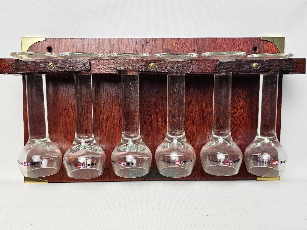 # Linie fra Norge shot glaasjes houten rekje voor op de boot, Ophalen of Verzenden, Gebruikt, Gebruiksvoorwerp