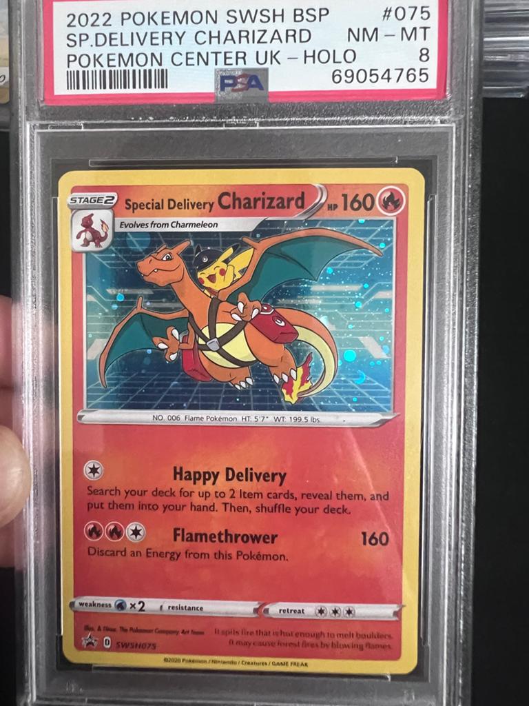 PSA 8 Special Delivery Charizard SWSH075 Pokémon Kaart, Ophalen of Verzenden, Nieuw, Losse kaart, Foil