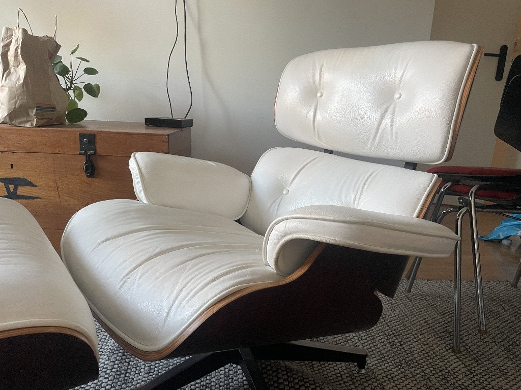 Retro loungestoel met hocker, Ophalen, Gebruikt, Hout, Wit