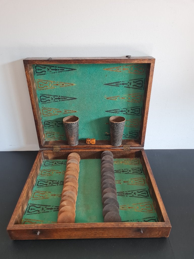 Oude backgammon in houten koffer, Ophalen of Verzenden, Gebruikt