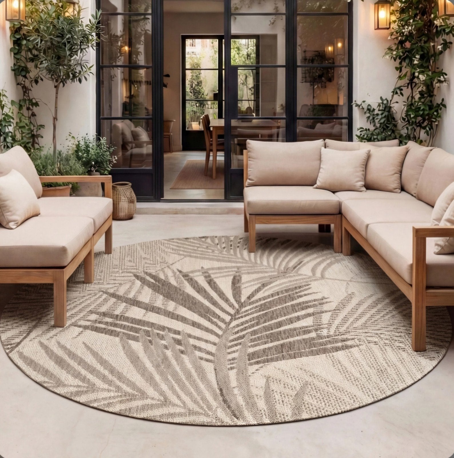 Buiten/binnenvloerkleed Tiga Palm Taupe, Ophalen, Crème, 150 tot 200 cm, Rond