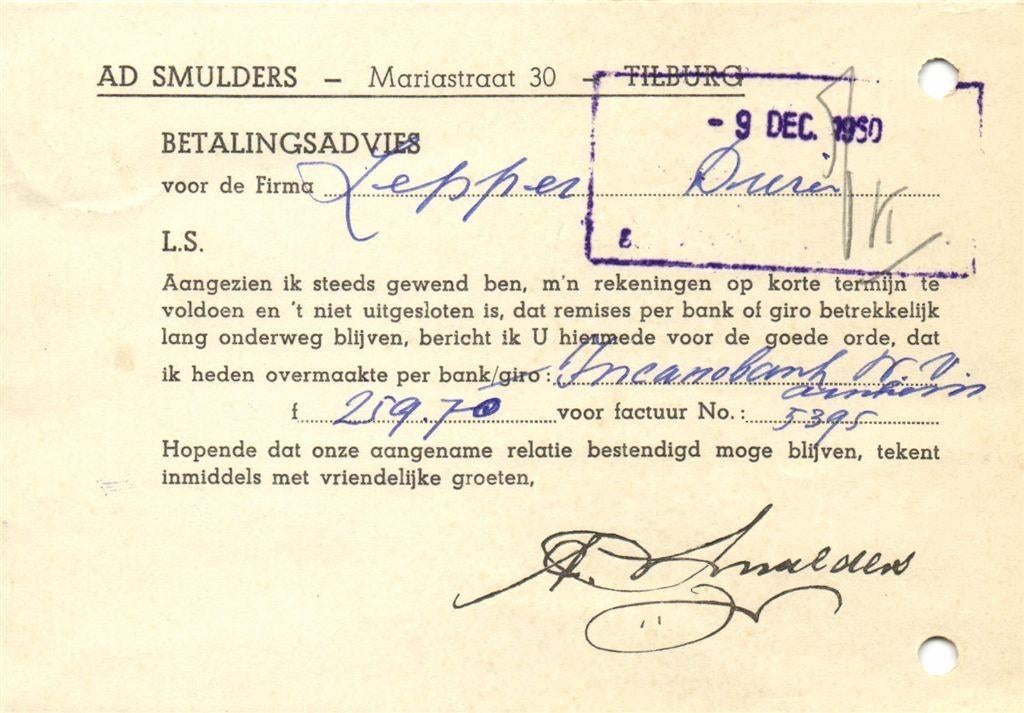 Ad Smulders, Tilburg - 12.1950 - betalingsadvies, Ophalen of Verzenden, Briefkaart