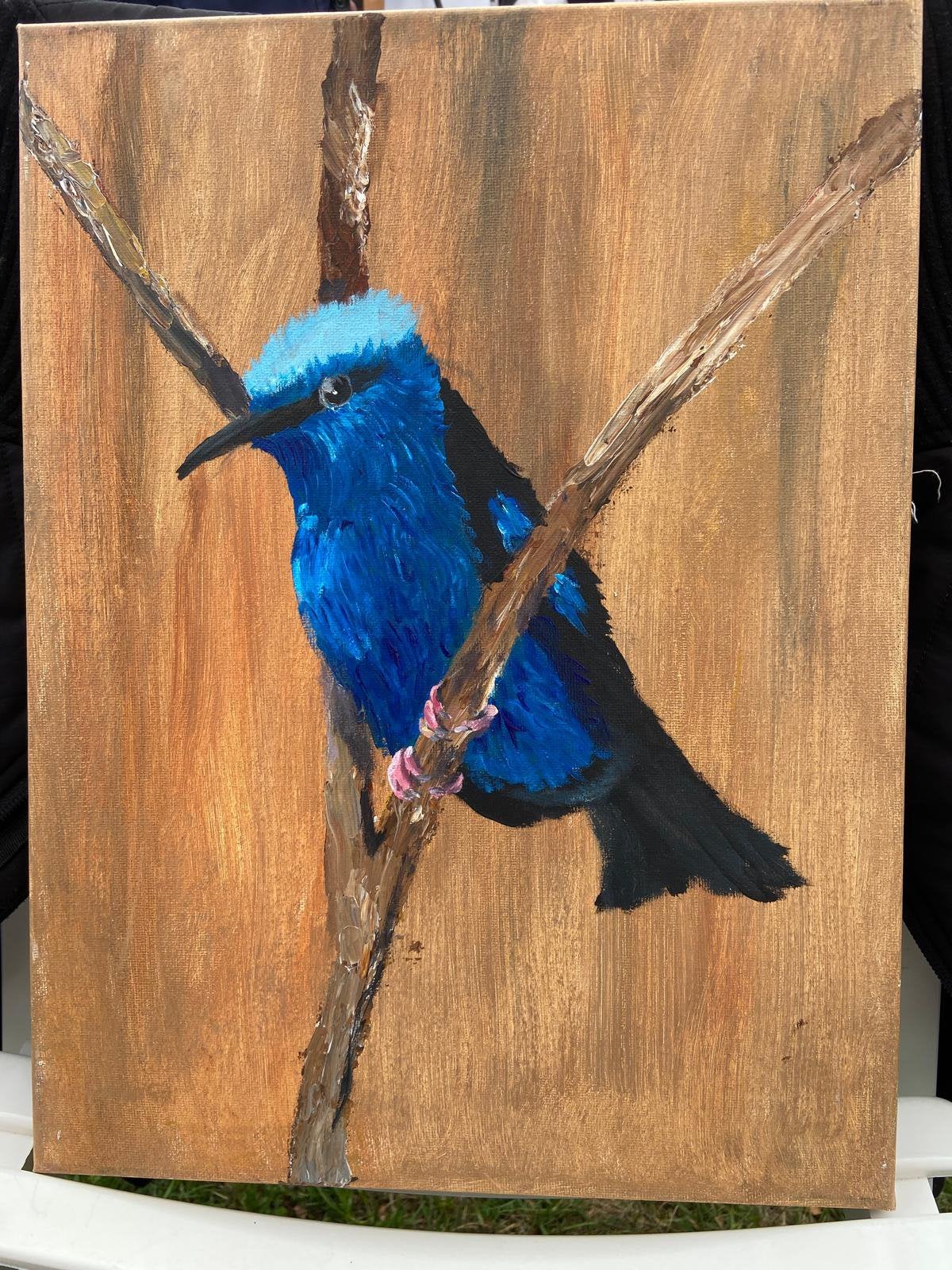 Schilderij blauwe vogel, Acrylverf, Handgeschilderd, Ophalen of Verzenden, Dieren