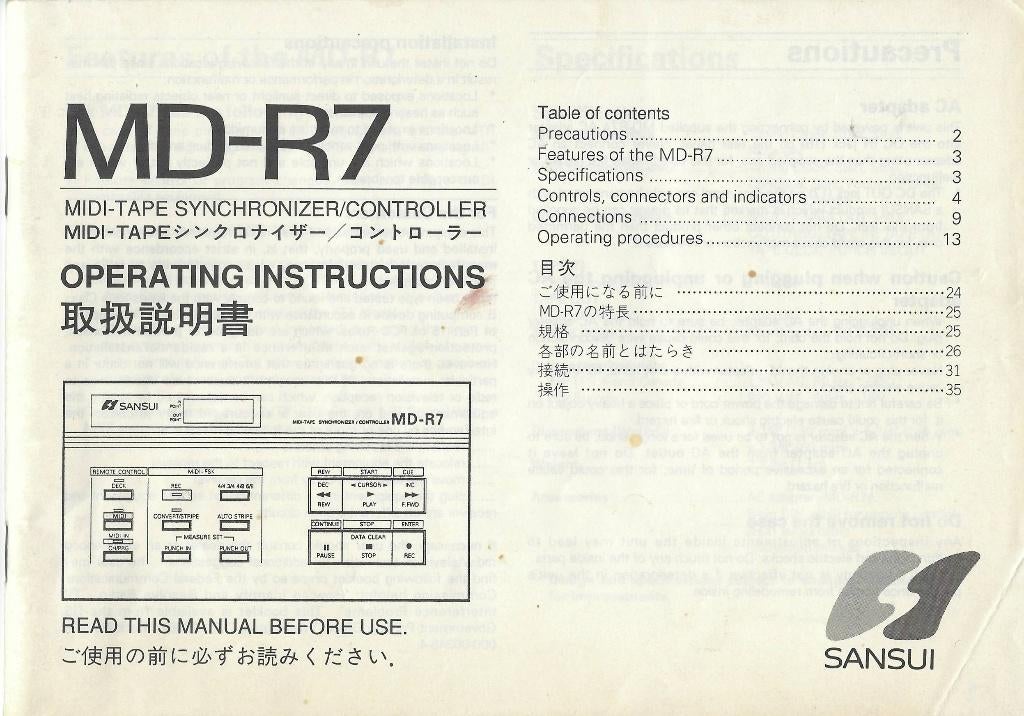 HANDLEIDING - Manual SANSUI MD-R7=Midi-Tape.Sync.Controller, Verzenden, Zo goed als nieuw