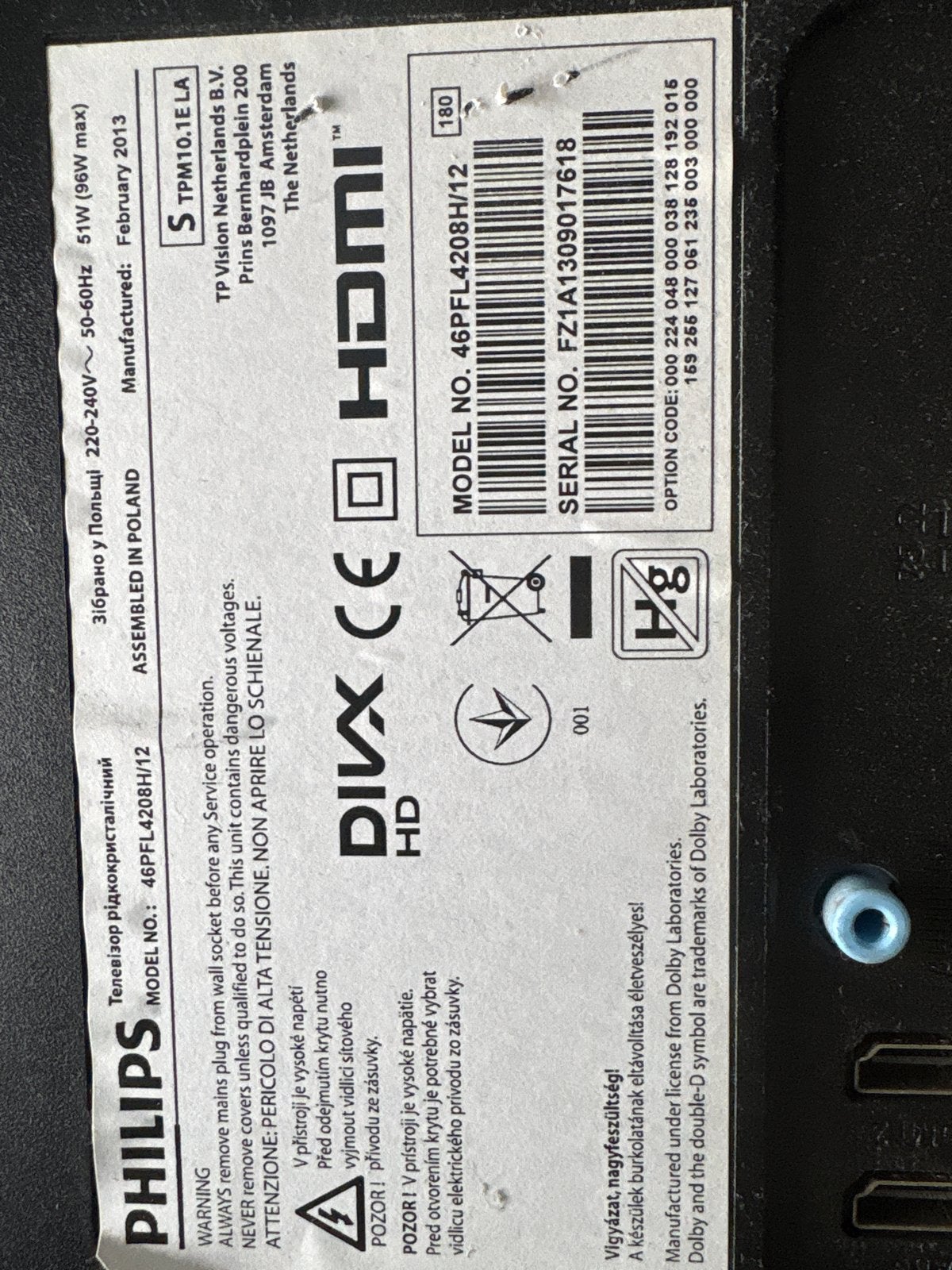 Philips 46PFL4208H/12 46 inch TV met muurbeugel en 2 afstand, Ophalen, Philips, 50 Hz, 100 cm of meer