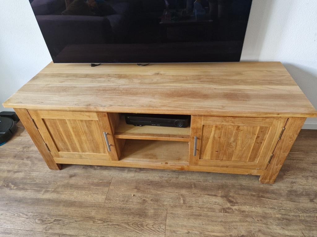 Massief teak houten TV kast met opbergruimte, Ophalen, Gebruikt, 100 tot 150 cm, Minder dan 100 cm