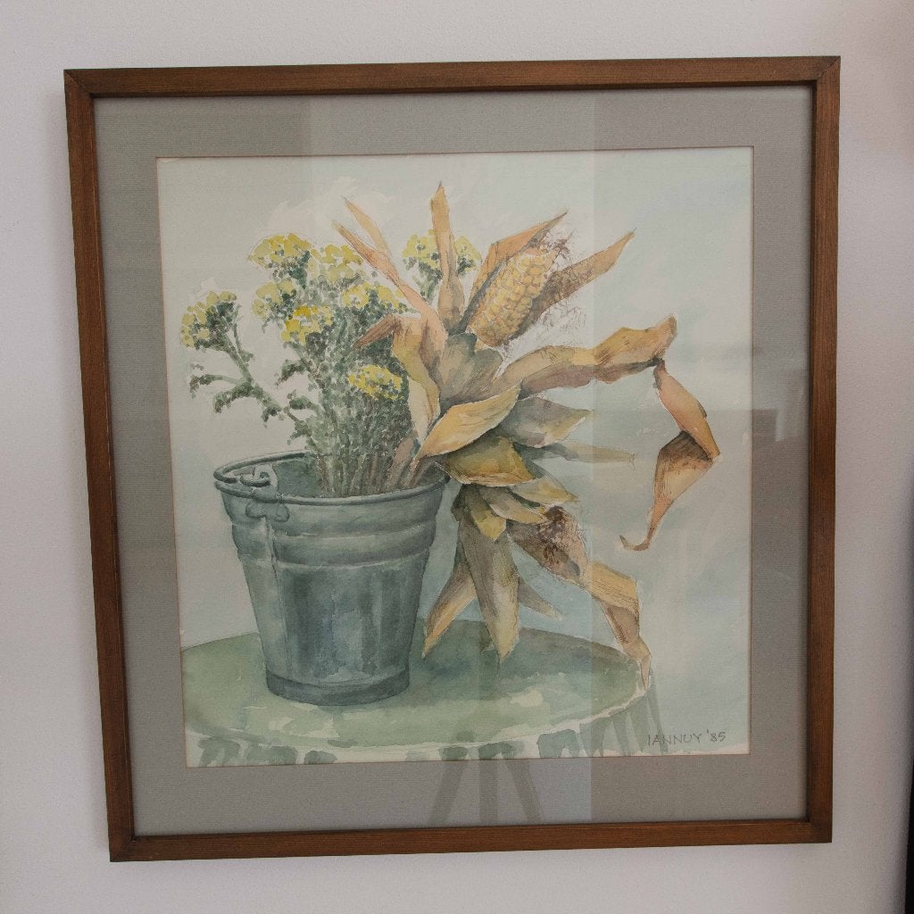 (nr.331) Aquarel "Zinken emmer met planten", IAN NUY '85, Antiek en Kunst, Ophalen, Oud hollands, Gedateerd, Stilleven