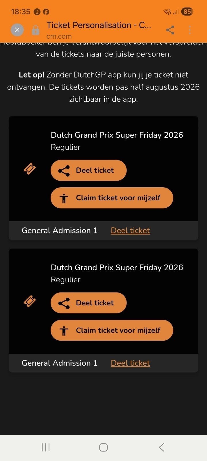 2 tickets F1  Dutch GP Super Friday 2026, Twee personen, Augustus
