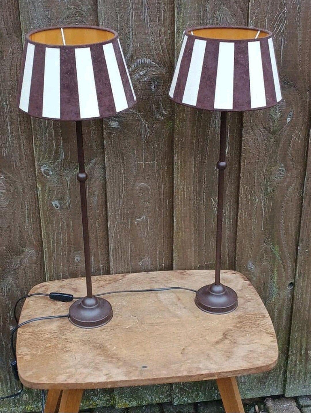 Set van 2 vintage tafellampen met gestreepte kap, Gebruikt, Vintage, Schemerlamp, Bruin