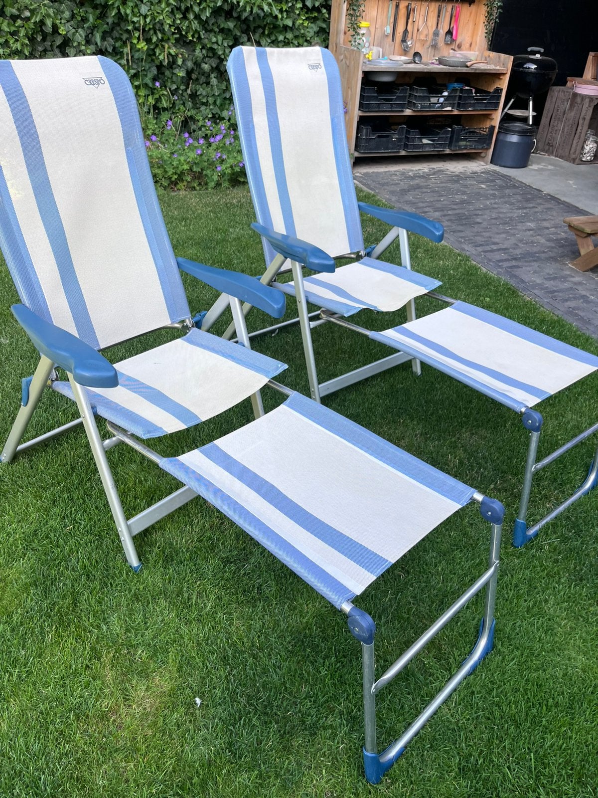 Twee crespo campingstoelen met voetenbankje, Ophalen, Gebruikt, Campingstoel