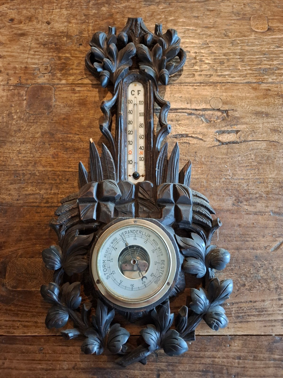 Antieke Barometer/Weerstation met Thermometer - Houtsnijwerk, Ophalen, Gebruikt, Weerstation