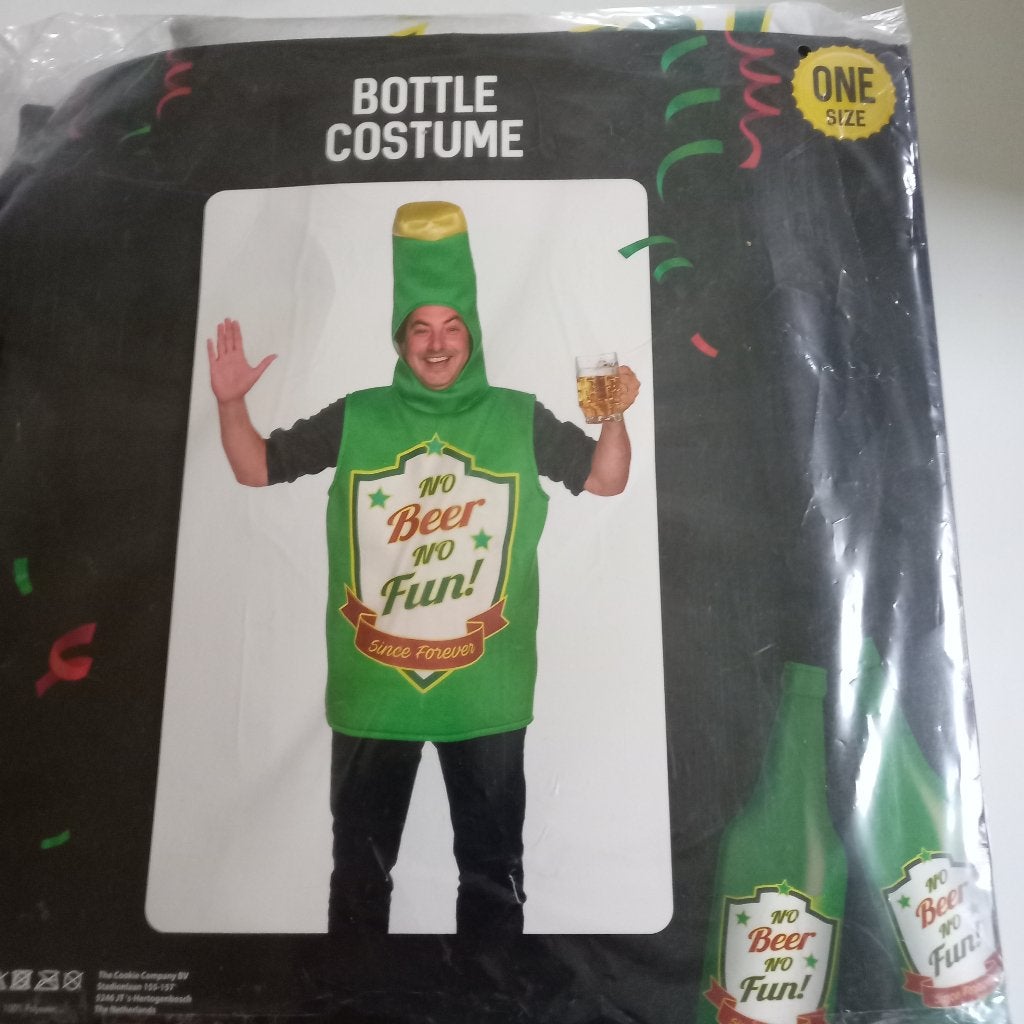 Carnaval bierfles kostuum met tekst Nieuw., Ophalen of Verzenden, Nieuw, Carnaval, Kleding