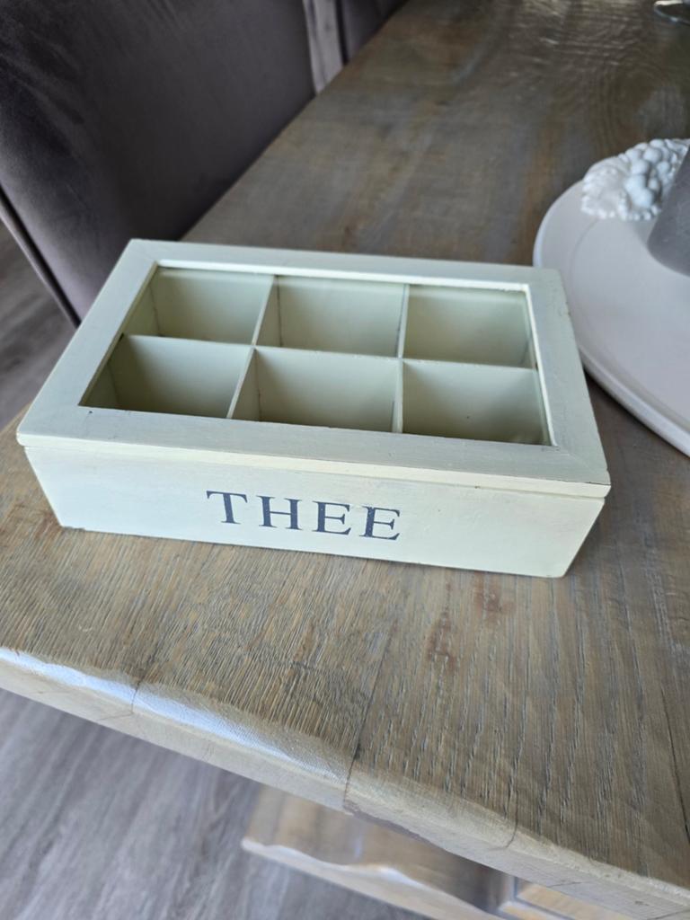 Houten theedoos met 6 vakken en glazen deksel, Ophalen of Verzenden, Glas