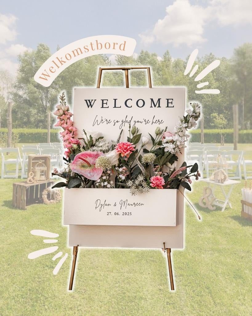 Welkomstbord inclusief zijden bloemen te huur voor bruiloft, Ophalen of Verzenden, Nieuw