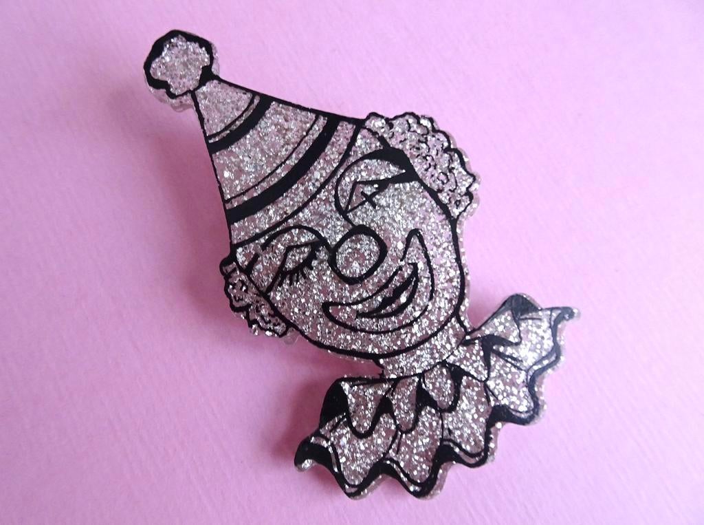 jwg Grote vintage 60s glitter clown broche zwart zilver klr, Verzenden, Overige materialen, Broche